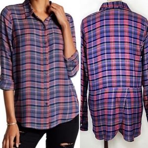 Lucky Brand Madras Plaid Long Sleeve Split Back Hemline Shirt Size Medium